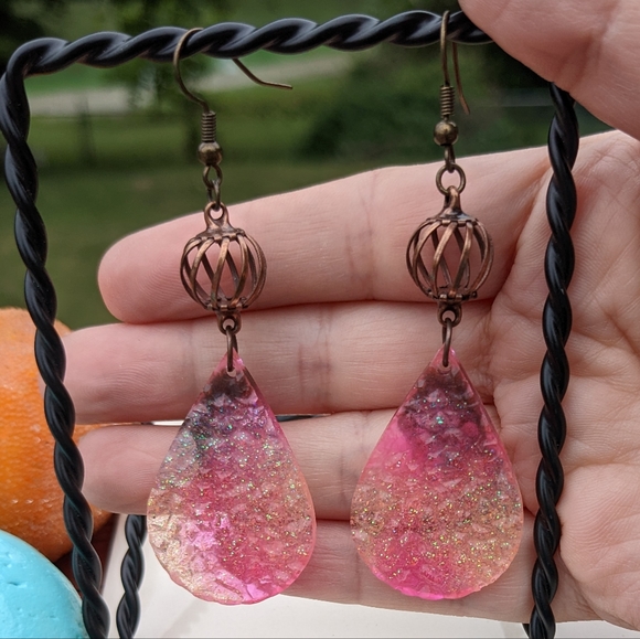 Artisan Jewelry - Sparkly Druzy Earrings Handmade Resin Glitter Cute Dangly Brass Unique Festival